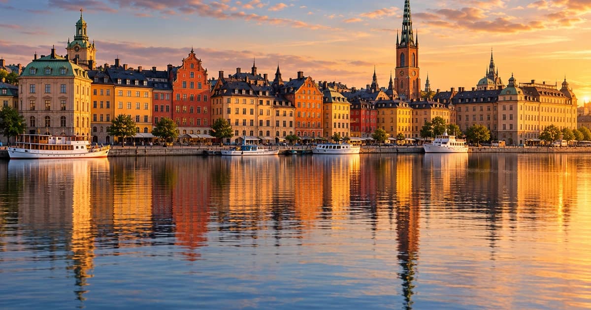 Illustration of colourful old-town facades on a Swedish waterfront