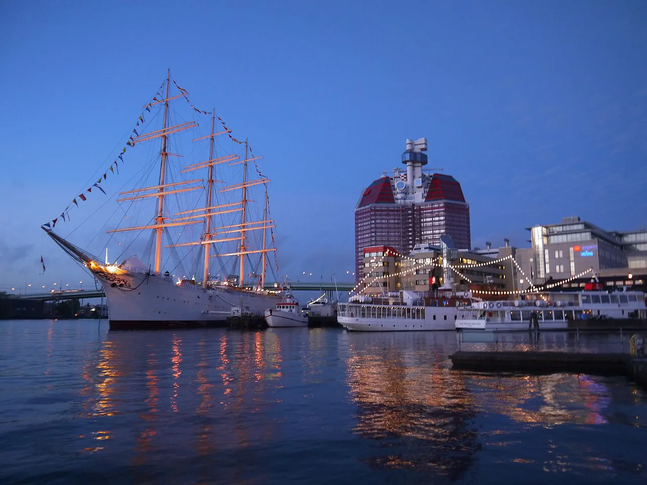 Barken Viking lit at dusk, Gothenburg.