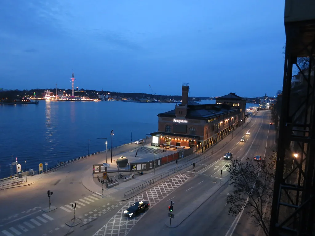 Stockholm's waterfront at dusk.