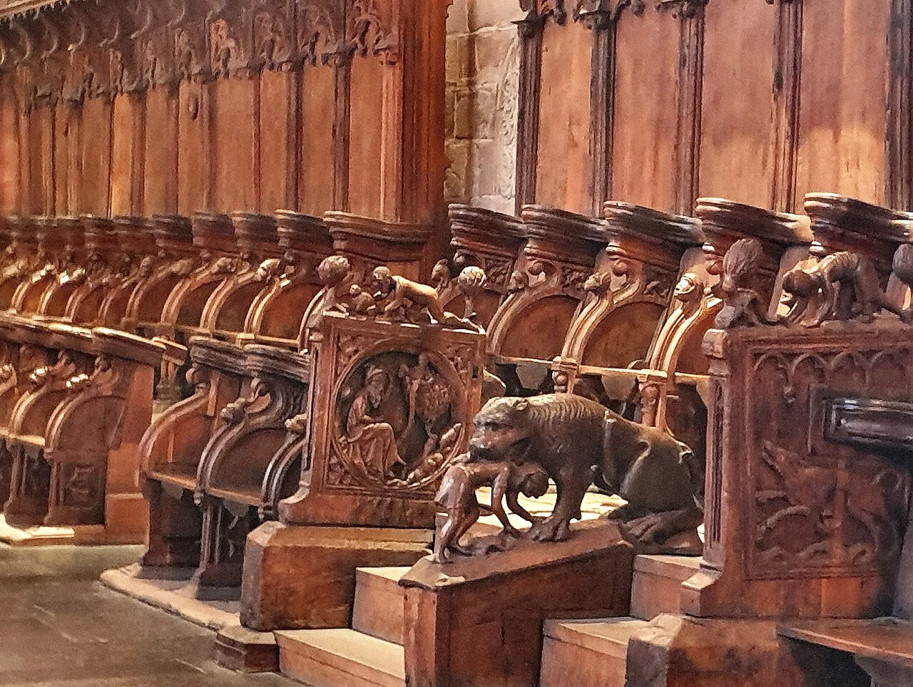 The carved choir stalls of Lund Cathedral.