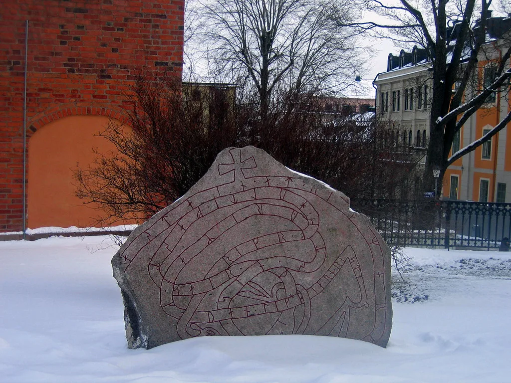A runestone by Uppsala Cathedral.