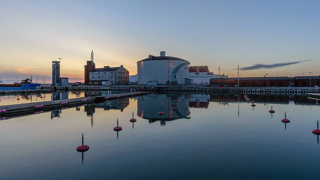 Visby harbour at dusk.