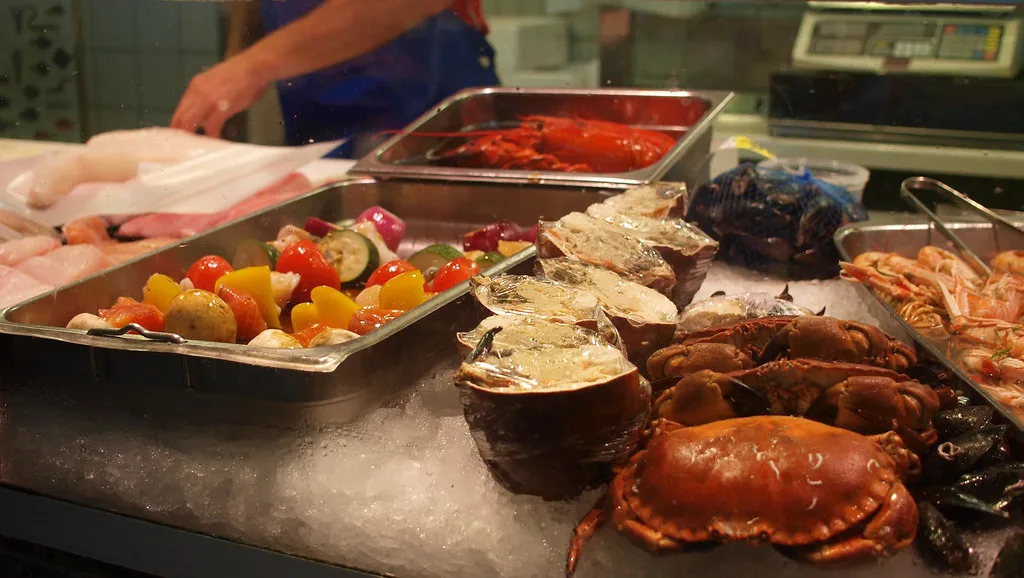 Seafood inside Feskekôrka, Gothenburg.