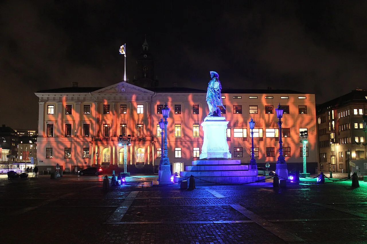 Gustaf Adolfs torg lit at night, Gothenburg.