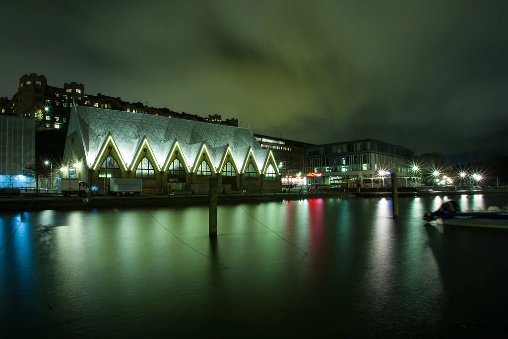Feskekôrka lit at night, Gothenburg.