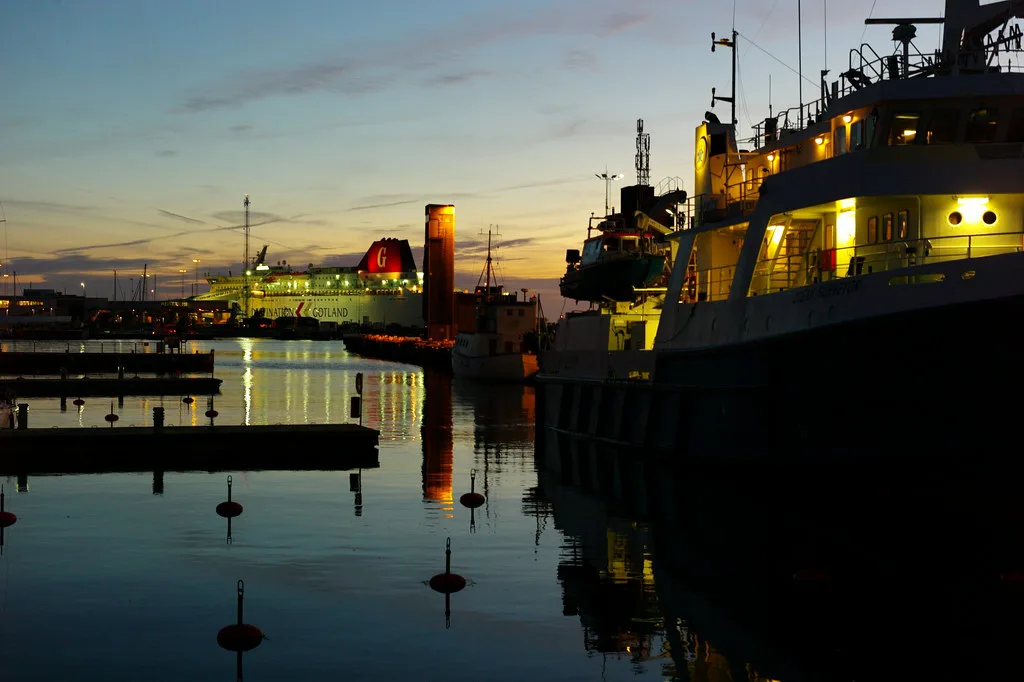 Visby harbour at dusk.