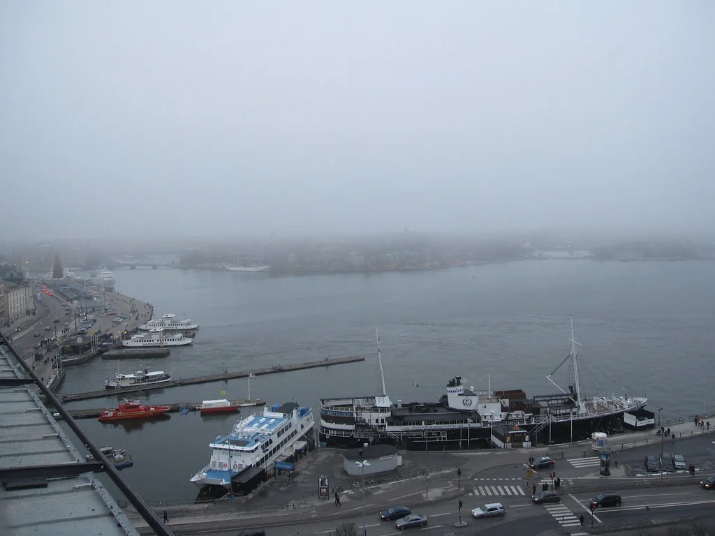 Slussen and Skeppsbron in the mist, Stockholm.