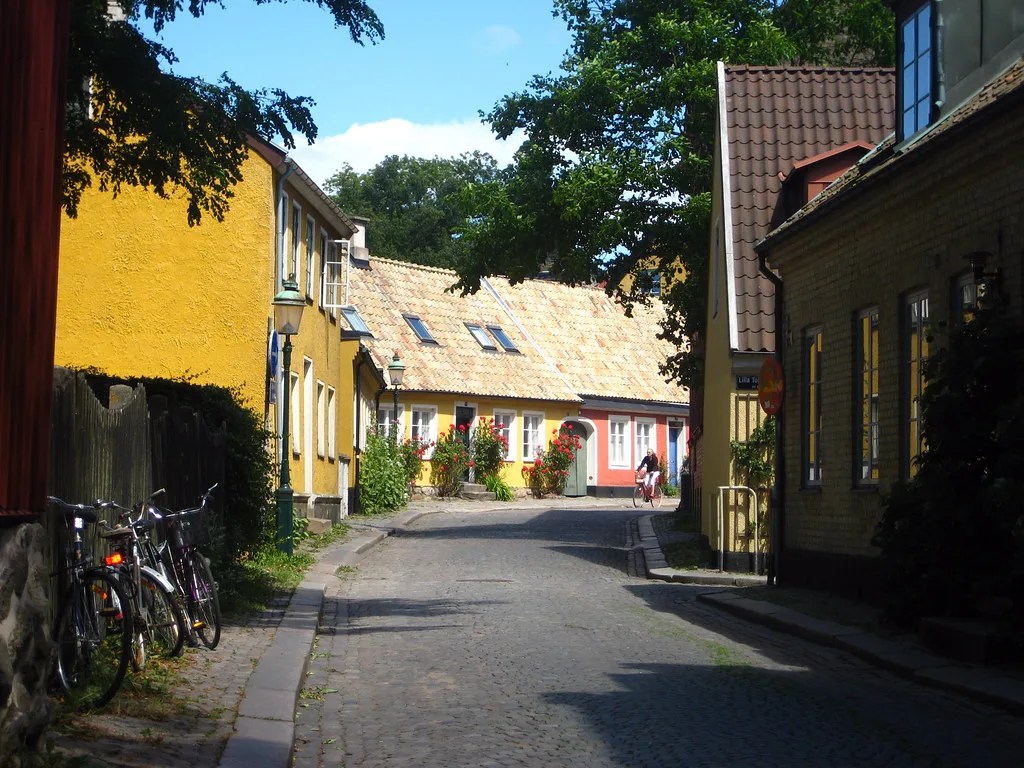 A cobbled street of old houses in Lund.