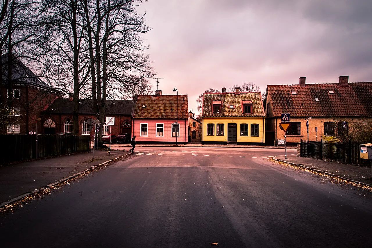 A street in Lund at dusk.