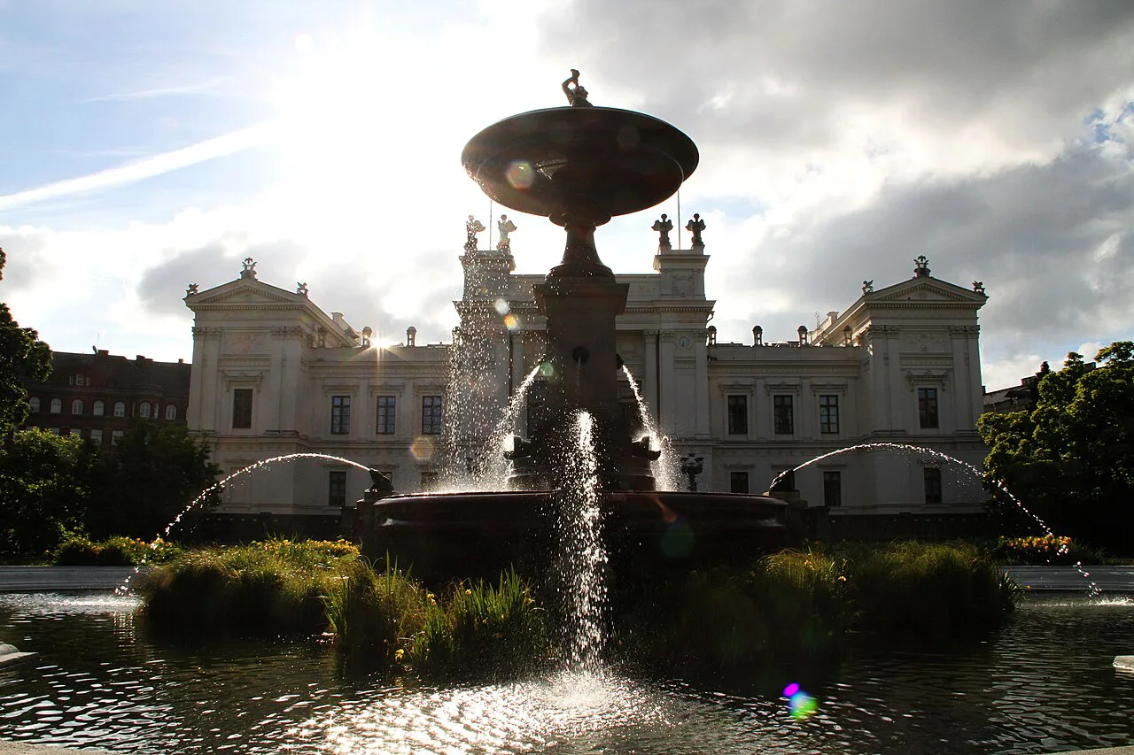 Lund University's main building and fountain.