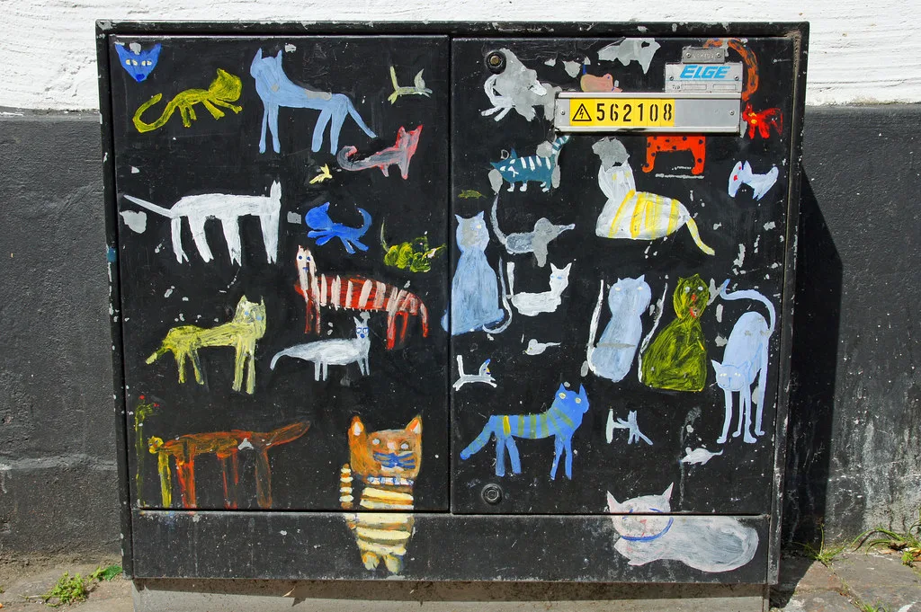 Street art on a utility box in Lundagård, Lund.