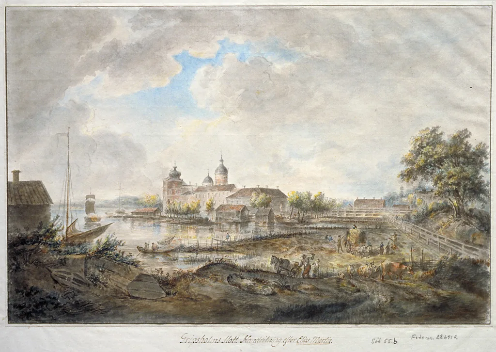 Gripsholm Castle outside Mariefred, in a historic watercolour.