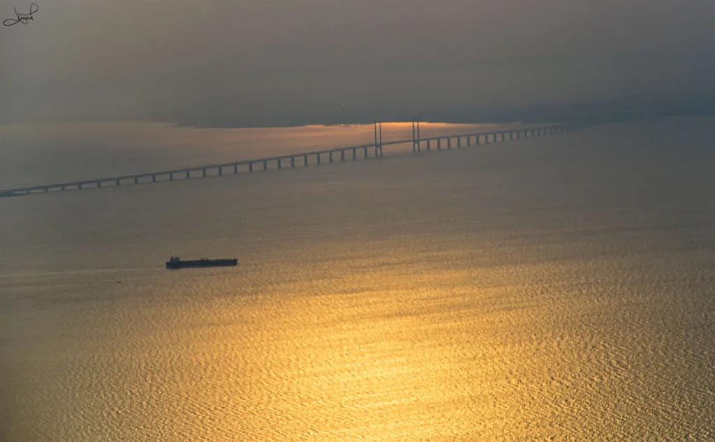 The Øresund Bridge at sunset.