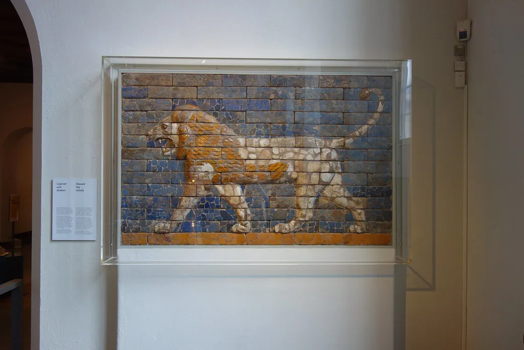 A glazed tile lion relief in the Röhsska Museum, Gothenburg.