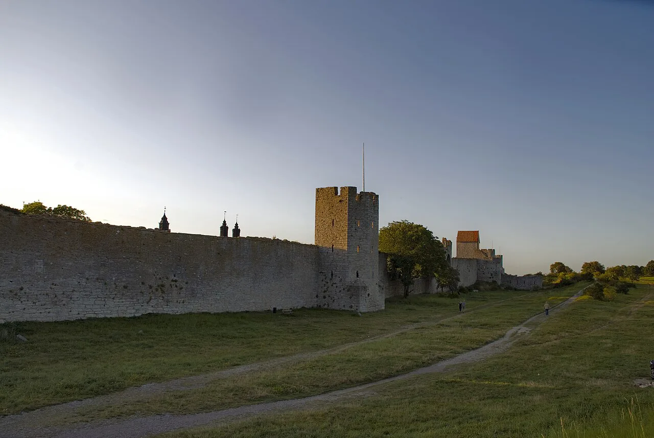 Visby's city wall at dusk.