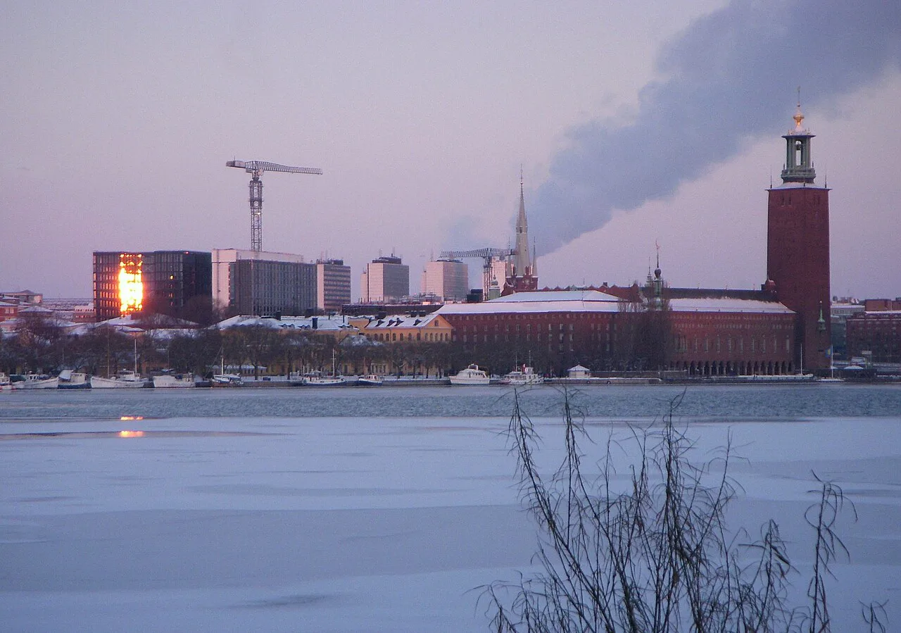 Stockholm City Hall across the frozen water.