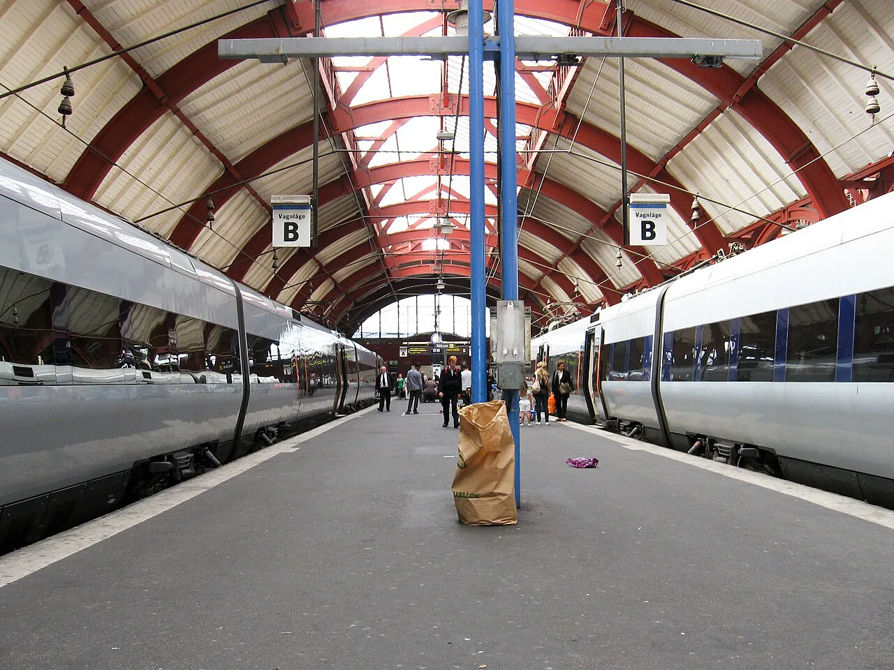 Trains under the roof of Malmö Central Station.