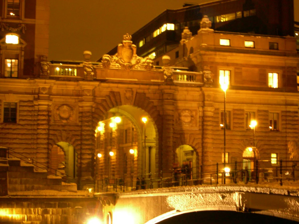 The Riksdag building lit at night, Stockholm.