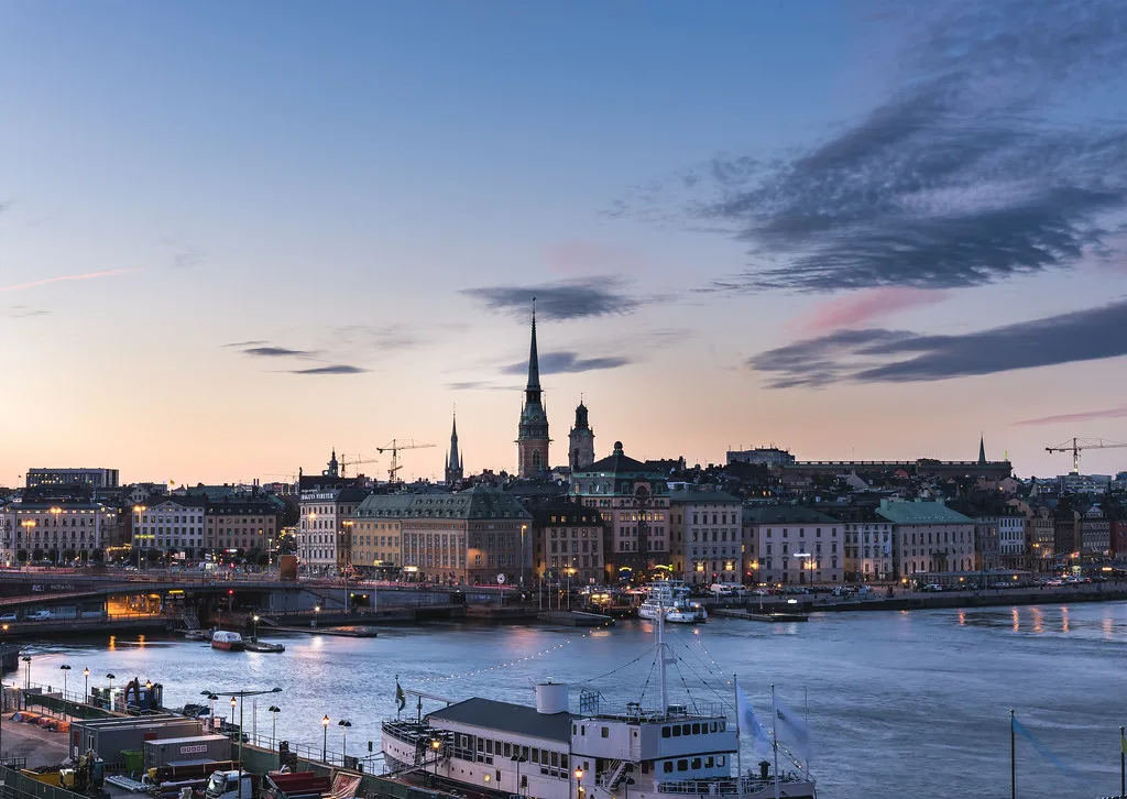Stockholm's waterfront and Gamla Stan at sunset.