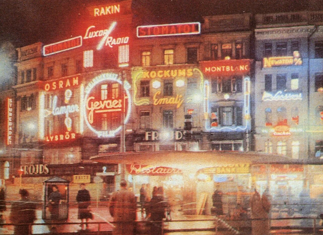 Stureplan neon signs in 1957, Stockholm.